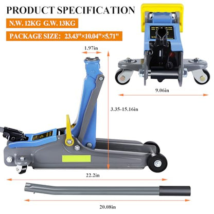 LARBANKE 2.5 Ton Floor Jack,Low Profile Jack with Portable Handle and Reflective Tape,Hydraulic Trolley Floor Jack for Garage, Home, Shop,Lifting Range 3.35"-15.16",Blue&Gray