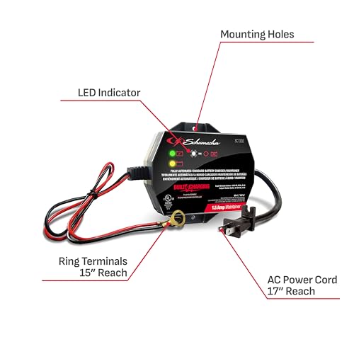 Schumacher Electric 1.5A Car Battery Charger and Maintainer, 3-in-1 Solution, for 6V/12V Power Sport, Automotive, and Marine Batteries, SC1300