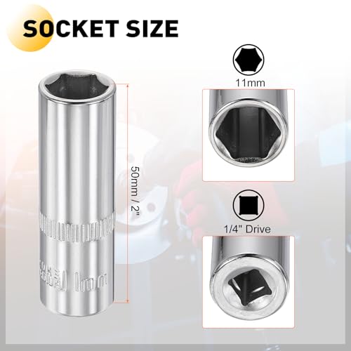 HARFINGTON Deep 6-Point Impact Socket 1/4" Drive 11mm Metric Socket 50mm (2") Long with 1/4" Hex Shank Adapter, CR-V Steel Socket Adapter Accessory Tool Set Kit for Hex Bolts Nuts - size: 11mm x 50mm