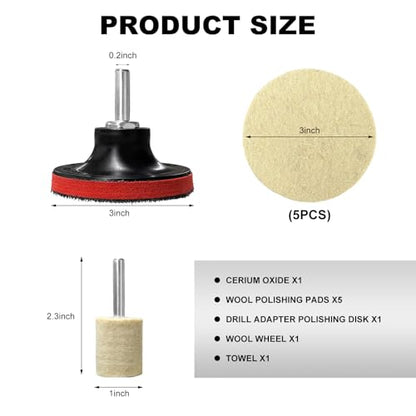 10 PCS Glass Polishing Kit, Windscreen Glass Scratch Removal Kit with 100g Cerium Oxide Powder, Felt Buffing Pad Wool Polishing Wheel Scratch Repair Kit for Glass Window Windshield - color: 10 PCS