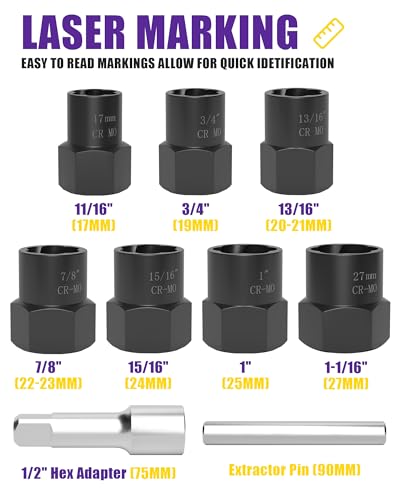 9PCS Bolt Extractor Kit Heavy Duty, 1/2" Drive Impact Lug Nut Remover Tool, Nut Extractor Set Large Size 17-27mm For Removing Stripped, Damaged, Rounded off and Rusted Nuts, Bolts, Studs - size: 9Pcs