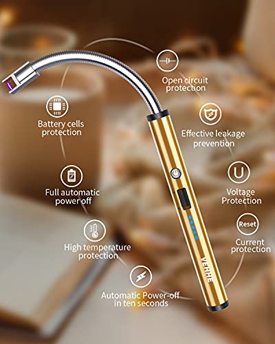 VEHHE Long Lighter, Rechargeable USB Arc Lighter with LED Battery Display Flexible Neck Lighters for Candles Grill Gas Stoves Camping Barbecue - color: Gold
