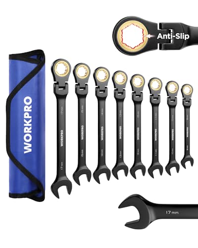 WORKPRO Ratcheting Combination Wrench Set, 8-piece Flex-Head Anti-Slip Set Metric 8-17 mm, 72-Teeth, Cr-V Constructed, Black Electrophoretic Coating with Rolling Pouch - size: Metric, style: Anti-Slip Tooth