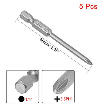 uxcell 5 Pcs 3.5mm PH1 Magnetic Phillips Screwdriver Bits, 1/4 Inch Hex Shank 2.56-inch Length S2 Power Tool - size: 3.5xPH1