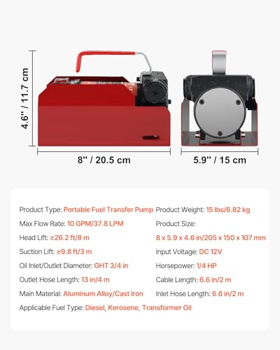 VEVOR Diesel Fuel Transfer Pump Kit, 12V 10 GPM DC with Automatic Shut-off Nozzle and Hose, Portable Electric Self-Priming Fuel Extractor Pump, for Diesel, Kerosene, Machine Oil, and Transformer Oil - size: 12V 10GPM
