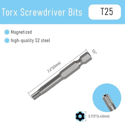 5PCS T25 Magnetic Tamper Proof Torx Screwdriver Bits, 1/4 Inch Hex Shank 2.6 Inch Length S2 Steel Security Drill Torx Head Drill Screw Driver Tools(65mm Long, Star 6 Point) - size: T25
