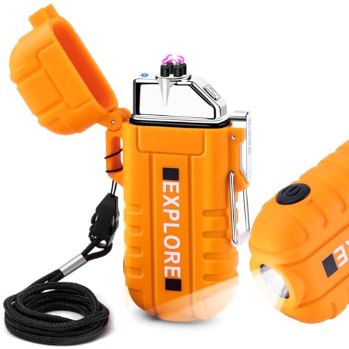 LcFun Electric Dual Arc Lighter USB Rechargeable Outdoor Windproof Flameless Plasma Lighters with Flashlight for Camping, Survival, Tactical (Orange) - color: Orange With Flashlight