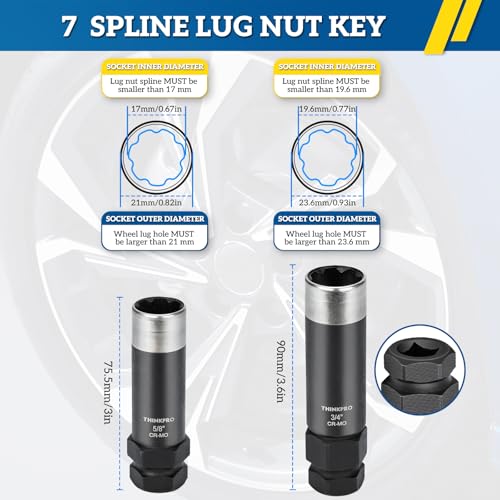 7 Spline Lug Nut Key Set 2 Piece | Alloy Steel Reinforced, Wheel Lock Removal Tool, 3/8" Drive, Thin Wall Spline Socket for Aftermarket Wheels,Cr-Mo
