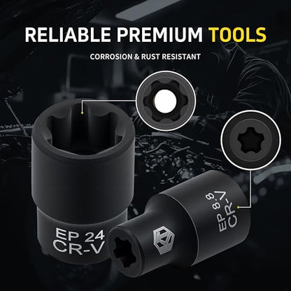 15pc External Torx Plus Socket Set Compatible with Tesla, 6 Point EP Sockets EP4, EP5, EP6, EP7, EP8, EP10, EP11, EP12, EP14, EP16, EP18, EP20, EP22, EP24 with 1/2'' 3/8'' 1/4'', Black - color: Black
