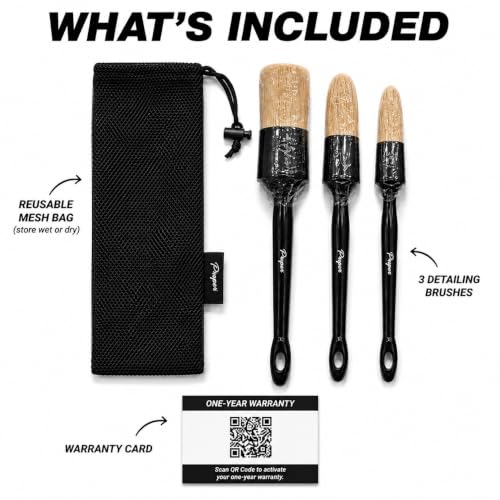 Car Detailing Brush Set, 3 Pack Interior and Exterior Detail Brushes, with Soft Boars Hair Bristles for Auto Interior & Exterior - for Cleaning Leather Seats, Air Vents, Wheels & Emblems