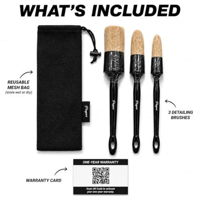 Car Detailing Brush Set, 3 Pack Interior and Exterior Detail Brushes, with Soft Boars Hair Bristles for Auto Interior & Exterior - for Cleaning Leather Seats, Air Vents, Wheels & Emblems