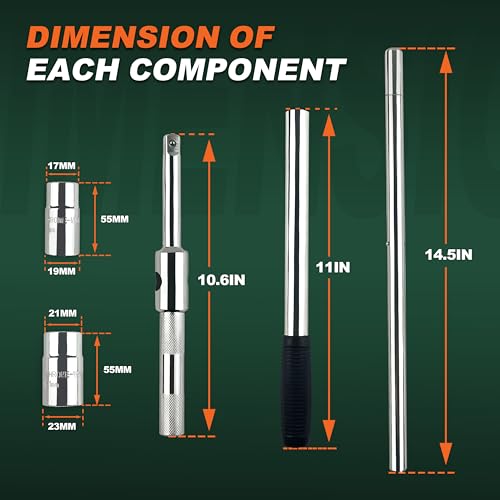 25'' Heavy Duty Extended Lug Wrench with Blow Storage Case, 4 Way Tire Iron Nut Wrench Set, Lug Nut Remover 1/2 Drive with Standard Sockets (17mm, 19mm and 21mm,23mm), Labor Saving Cross Wrench