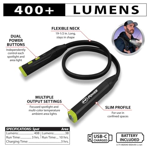 Performance Tool W2687 400+LM Li-Ion Neck Light: 2 Flex Adjustable Lighted Ends, Spotlight and Multi-Color Ambient Modes, 650mAH, 3 Hour Operation, 19.5-in Length, USB-C, Hands-Free, Black | Two flexible lighted ends with spotlight and multi-color modes,