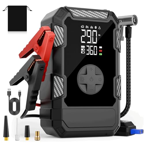 4000A Car Jumper Starter Portable with Air Compressor, 12V Battery Jump Starter with Tire Pump 150PSI for 10L Gas Diesel Engines, Car Battery Jumper Box Pack Combo with LED Light, Father Day Gift