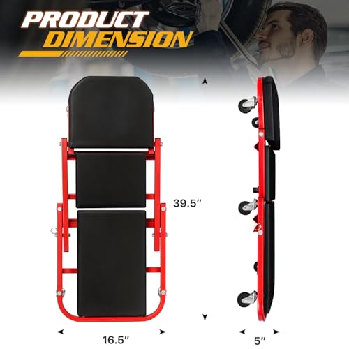 Magshion 40" Triplex Folding Creeper and Rolling Seat 2-in-1 330 lbs Capacity Foldable Mechanic Creeper Garage Stool Lay Down or Sit (Red) - color: Red, size: 40"