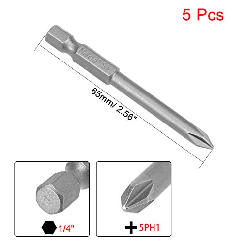 uxcell 5 Pcs 5mm PH1 Magnetic Phillips Screwdriver Bits, 1/4 Inch Hex Shank 2.56-inch Length S2 Power Tool - size: 5.0xPH1