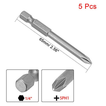 uxcell 5 Pcs 5mm PH1 Magnetic Phillips Screwdriver Bits, 1/4 Inch Hex Shank 2.56-inch Length S2 Power Tool - size: 5.0xPH1