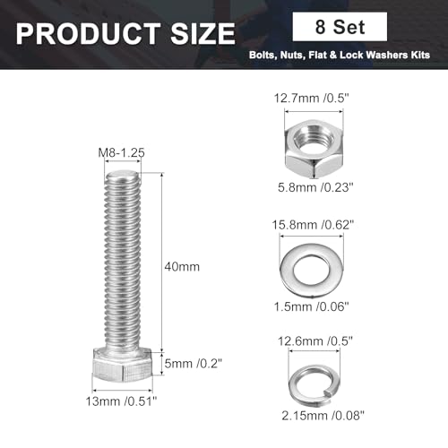 uxcell M8 x 40mm Hex Head Screws Bolts, Nuts, Flat & Lock Washers Kits, 304 Stainless Steel Fully Thread Hexagon Bolts 8 Sets - size: M8 x 40mm
