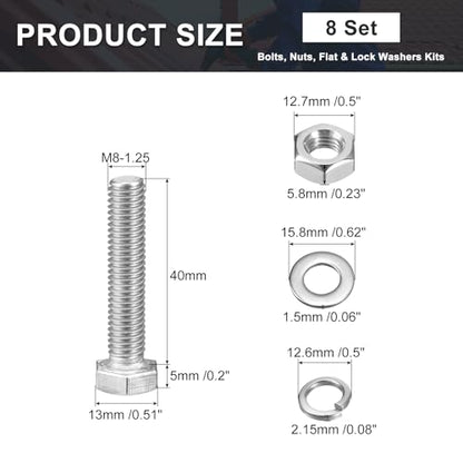 uxcell M8 x 40mm Hex Head Screws Bolts, Nuts, Flat & Lock Washers Kits, 304 Stainless Steel Fully Thread Hexagon Bolts 8 Sets - size: M8 x 40mm