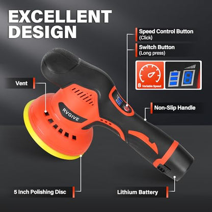 Cordless Car Buffer Polisher with 2 PCS 12V Lithium Rechargeable Battery, 8 Speed Variable, 2800-5500RPM Brushless Polisher Suitable for Car Boat Polishing, Detailing, Waxing, Scratch Removal