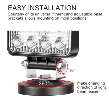 SKYWORLD Magnetic Mount LED Work Light, 2PCS 4 Inch 48W Square Spot Off Road Driving Fog Lamp 12V 24V with Portable Magnetic Base Holder for Truck Tractor Trailer Car Boat Engineering Vehicle - size: 2Pcs 4 Inch 48W Spot