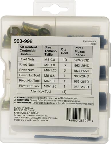 Dorman 963-998 Rivet Nuts and Hand Tool Kit - Metric M5, M6, M8 (Tray Contains 26 Pieces)