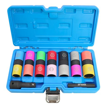 Lug Nut Socket Set 1/2" Drive Impact Half Size Thin Wall Flip Socket Set | SAE Metric 17 17.5 18.5 19.5 19 21 21.5 22 22.5mm 3/4, 13/16, 7/8, 15/16 In. Wheel Lug Nut Remove Non Marring Socket Set - size: SAE Metric 9PC