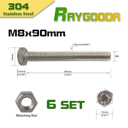 M8-1.25x90mm Hex Bolt and Nut Kit 6set, 304 Stainless Steel (A2-70), Full Thread, Bright Finish, Machine Threaded for Automotive, Machinery, DIY - size: M8x90mm(6 Sets）