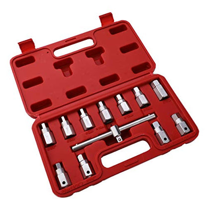 HERIS 12pcs Drain Plug Key Socket Set Axle Oil Sump Spanner 3/8" Drive Cars Vans Bikes