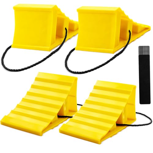 4 Pack Wheel Chocks, Wheel Chocks with Rope, Plastic Hard Wheel Stoppers Block for Camper Cars, RV Trailer, Trucks (Yellow) - color: Yellow