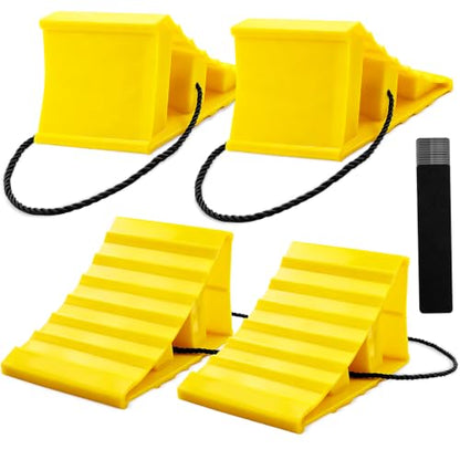 4 Pack Wheel Chocks, Wheel Chocks with Rope, Plastic Hard Wheel Stoppers Block for Camper Cars, RV Trailer, Trucks (Yellow) - color: Yellow