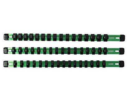 ARES 60045-3-Piece 17-Inch Green Aluminum Socket Rail Set - 1/4-Inch, 3/8-Inch, and 1/2-Inch Drive Socket Organizers Hold 48 Sockets - color: Green, size: Multi-Drive