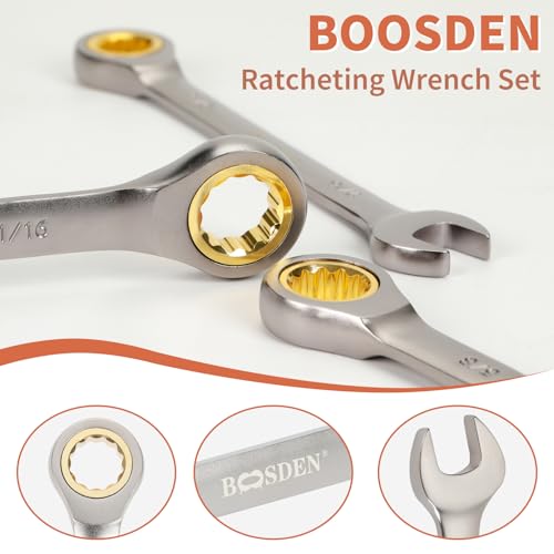 BOOSDEN 9-Piece Ratcheting Wrench Set, High-Carbon Steel Ratcheting Wrenches Set with Roll-Up Pouch, SAE 1/4-3/4" Combination Ratchet Wrench for Auto Repair, Mechanical, Household, Garage, Boat