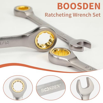 BOOSDEN 9-Piece Ratcheting Wrench Set, High-Carbon Steel Ratcheting Wrenches Set with Roll-Up Pouch, SAE 1/4-3/4" Combination Ratchet Wrench for Auto Repair, Mechanical, Household, Garage, Boat