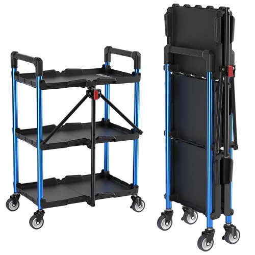 WORKPRO 3-Tier Collapsible Service Cart, Black/Blue, 210 LBS Foldable Utility Cart with Wheels, Portable Rolling Tool Cart for Garage, Warehouse, Home, Restaurant and Office (No Assembly Required) - color: Black/Glossy Blue