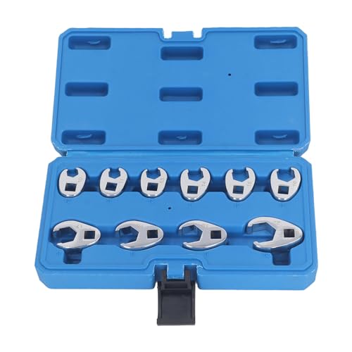 10 Piece Metric Crowfoot Wrench Set 3/8 Inch Drive Flare Nut Spanner Kit U Shaped Open End Wrenches for Automotive Brake Fuel Hydraulic Line Repair in Tight Spaces Heavy Duty 45