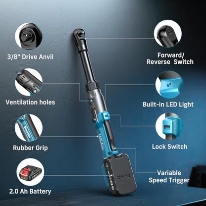 Extended Cordless Electric Ratchet Wrench: 66 Ft-lbs Power Ratchet Wrench 3/8", Brushless Motor, Variable Speed Trigger, 2 Pack 21V Batteries & Charger, 8 Sockets, 1/4"& 1/2" Adapter, 3" Extension Bar - size: 3/8 inch Extended
