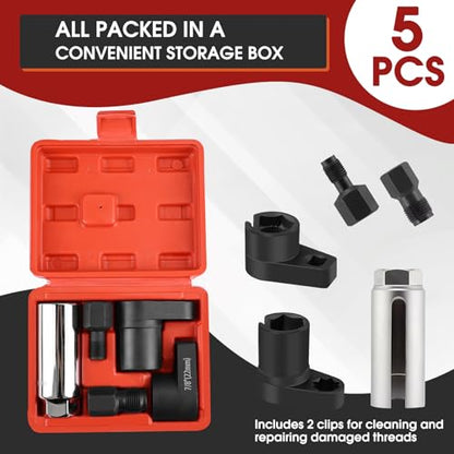 5PCS O2 Oxygen Sensor Socket Set, 1/2 & 3/8 in Drive, 7/8 in (22mm), Premium Removal Tool with Thread Chasers & Offset Wrenches, Heavy-Duty Automotive Kit for Easy Installation & Repair