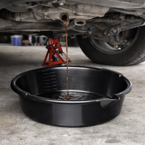 7-Quart Automotive Oil Drain Pan with Built-In Scale and Pour Spout, Low Profile Oil Catch Pan for Cars, Trucks, and SUVs, Black