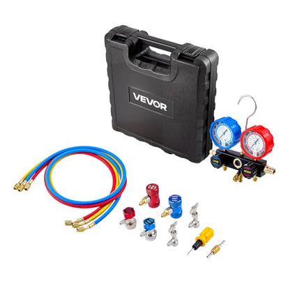 VEVOR AC Manifold Gauge Set for R134a R404A R1234yf R22 Refrigerant, 3 Way AC Gauge with 5 ft Hoses, Adapters, Quick Couplers, Can Taps for Automotive Air Conditioning Maintenance, Charging Evacuation - size: R134a/R404A/R1234yf/R22, style: 3 Way with Box
