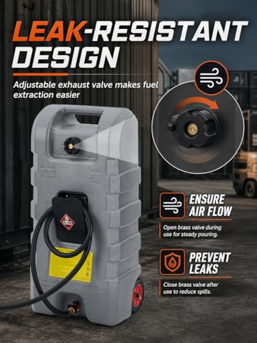 15 Gallon Gas Can, Fuel Tank Container with Fluid Transfer Manual Siphon Pump & 10FT Hose, Portable Diesel Gas Storage Caddy with Wheels for Car, ATV, Weeder, Boat (Grey) - color: Grey