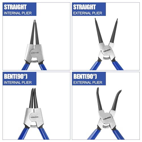 7-inch 4 Pcs Snap Ring Pliers Set, Circlip Pliers Kit, Straight/Bent Jaw, Internal/External Heavy Duty C Clip Pliers for Ring Remover Retaining,Blue - size: 7-inch Pliers Set Blue (4PCS)