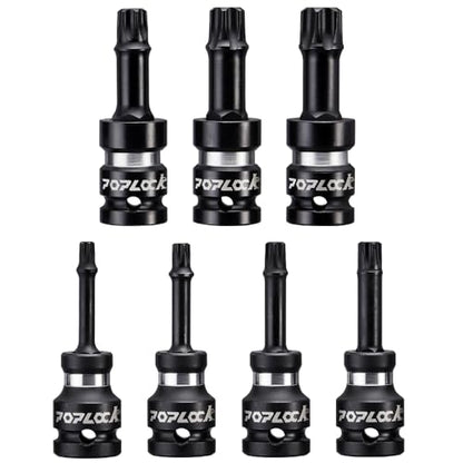 Poplock Impact Driver Set | 7-Piece ½ inch Drive Star Bit Set (T30–T70) | 75mm Long Impact Driver Bit Set with 6-Lobed Allen Tips for Torx Fasteners T30 T40 T45 T50 T55 T60 T70 - size: 7 PCS