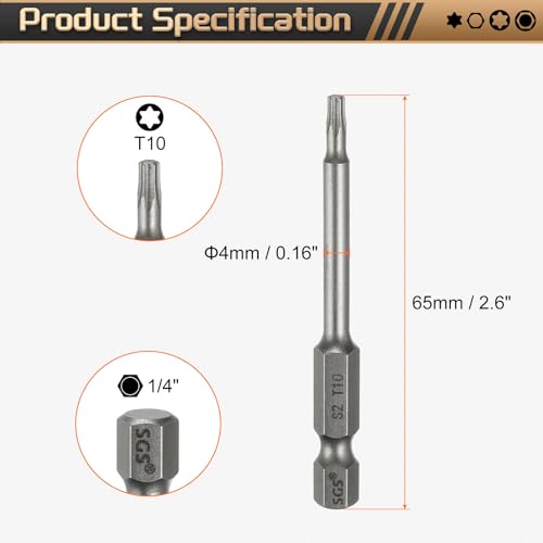 HARFINGTON 3pcs T10 Torx Head Screwdriver Bit 1/4" Hex Shank 2.6" (65mm) Long Magnetic No Hole Tip Tamper Proof 6 Point Star Screw Driver Drill Bits S2 Steel Industrial Power Screwdrivers - size: T10 x 2.6"(65mm)