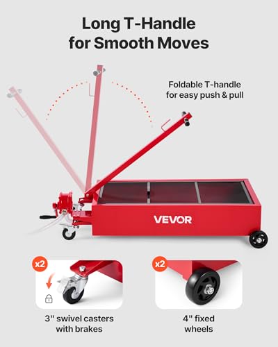 VEVOR Low Profile Oil Drain Pan, 20 Gallon Capacity, Rolling Oil Drain Pan with Manual Pump, 7.2 ft Hose & T Folding Handle, Leak-Proof & Corrosion-Resistant, Fit for Cars, SUVs, Trucks, ATVs, Red - size: 49.21 x 23.62 x 25.98 in
