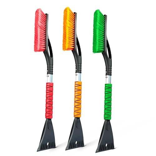 EcoNour 27" Aluminum Snow Brush with Ice Scrapers for Car Windshield and Window | Car Snow Scraper and Brush with Ergonomic Foam Grip Winter Accessories (Orange, Red, Green) (3 Pack) - color: Orange, Red & Green, size: 27"