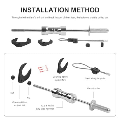 Inner CV Joint Puller Slide Hammer Front Wheel Drive Axle Half Shaft Removal Tool Kit Heavy Duty 10 Pounds Slide Hammer 63mm 48mm CV Joint Fork Adapter Attachments