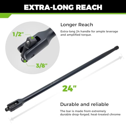 24in Dual Drive Breaker Bar 3/8 1/2 Swivel Head Cr-V Black Powder Coat | Spring detent ball, high torque heavy duty structure, great for loosening rusted nuts for auto and machinery repair - size: 24” Dual Drive