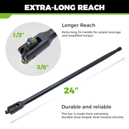 24in Dual Drive Breaker Bar 3/8 1/2 Swivel Head Cr-V Black Powder Coat | Spring detent ball, high torque heavy duty structure, great for loosening rusted nuts for auto and machinery repair - size: 24” Dual Drive