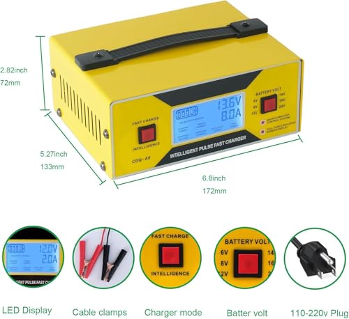 6/8/12/14/16/24V Battery Charger Automotive 0-10A, Smart Car Golf Cart Battery Charger, Maintainer and Automatic Charger with Cable Clamps, Suitable for Lead-Acid Batteries (Yellow with Handle)